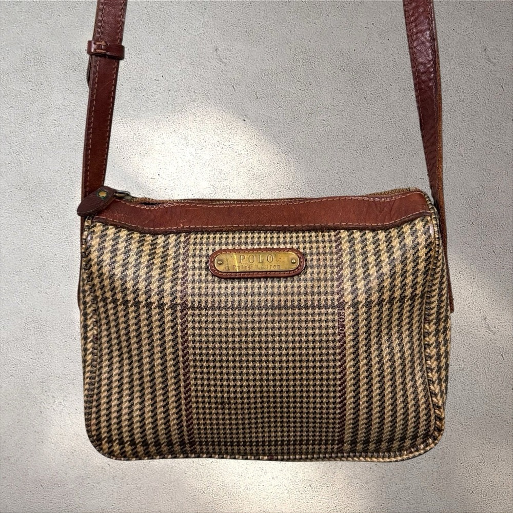 Polo Ralph Lauren Tartan Plaid Houndstooth Leather Adjustable Crossbody Bag